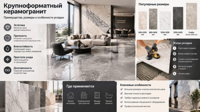 Крупноформатный керамогранит: преимущества, размеры и особенности укладки
