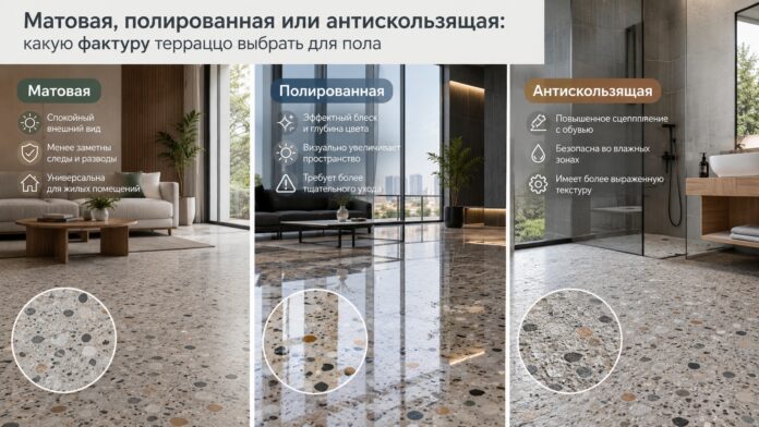Матовая, полированная или антискользящая фактура терраццо: как выбрать пол